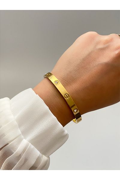 olenka Stainless Gold Color Steel Bracelet - Thick Stone Handcuffs, Women's 316L