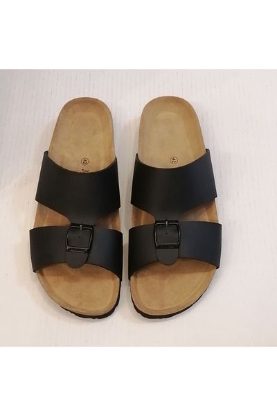 John May Unisex Faux Leather Black Double Banded Buckle Genuine Leather Orthopedic Sole Pad Cork Eva Sole Slippers