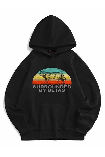 Buğraterzimoda Wolf Printed Unisex Μαύρο Φούτερ με κουκούλα με τσέπη καγκουρό