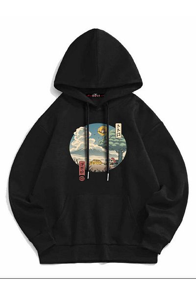 Buğraterzimoda Anime Totoro Printed Unisex Μαύρο Φούτερ με κουκούλα με τσέπη καγκουρό