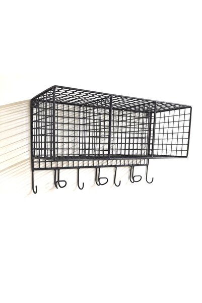 GO DEKOR Çok Amaçlı 3 Gözlü Antre Banyo Ve Mutfak 7 Askılı Telli Duvar Rafı (SİYAH)