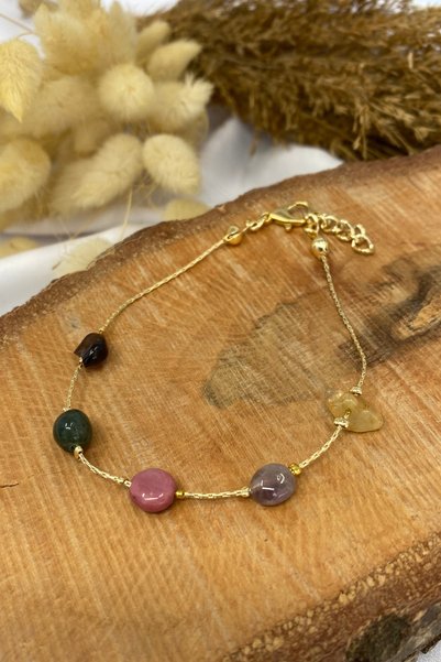 Suerte Accessories Tımbıl Tourmaline Natural Stone Gold Chain Handmade Special Design Natural Stone Bracelet
