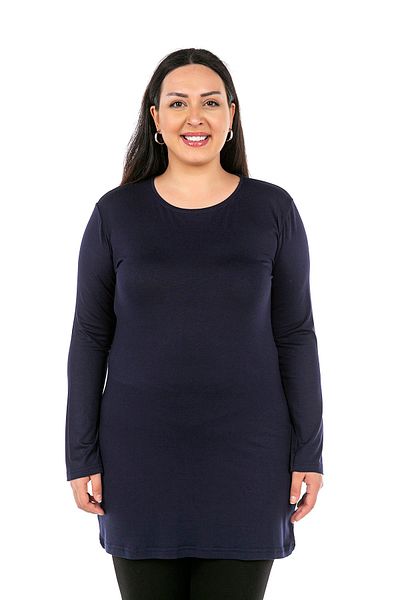 DISENTIS MODEST Plus Size Round Neck Long Sleeve Viscose Long Navy Blue Body