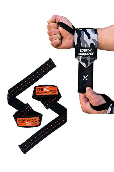 Dex Supports Lasting Energy Dark Tone Camouflage Wrist Wraps + Pro Lifting Straps Set of 2