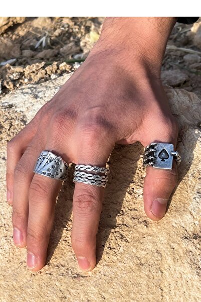 THE Gifts 3 Lü Maça As Iskambil Kart Sarmal Gümüş Kaplama Ayarlanabilir Yüzük...