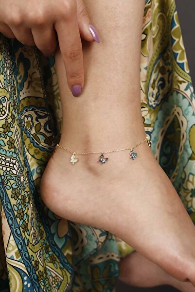 Lia Berto Altın Kaplama Renkli Kelebekler 925 Ayar Gümüş Halhal