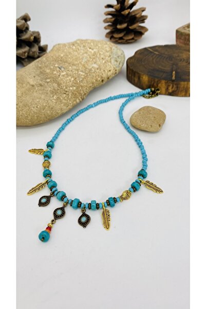 Porsuk Alternatif El Yapımı Etnik Otantik Hippi Bohem Firuze Taşlı Kolye