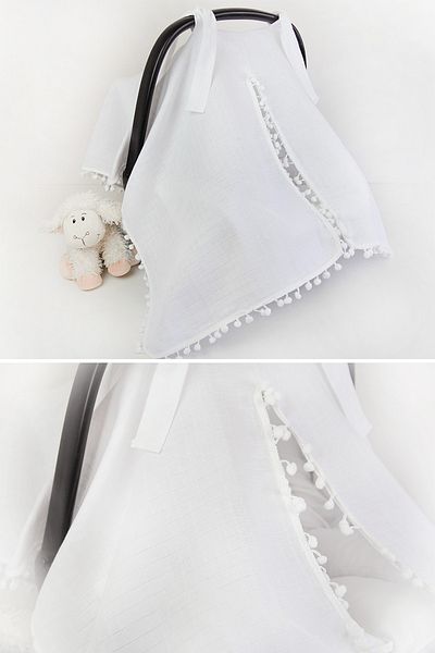 Babynest Stroller Cover/Stroller Cover 100% Cotton White Muslin with Pompom and Zipper