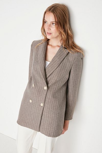 Trendyol Collection Braune, regelmäßig gefütterte, zweireihige, gewebte Blazerjacke mit Streifenverschluss TWOAW23CE00100