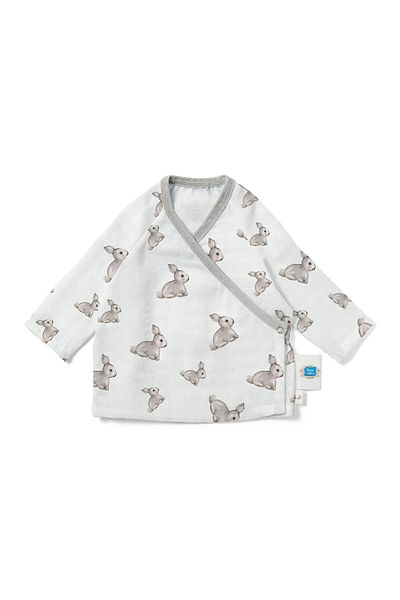 DEUX LAPINS 100% Cotton Newborn Muslin Kimono Cardigan Iconique Lapin - Gray Rabbit Pattern