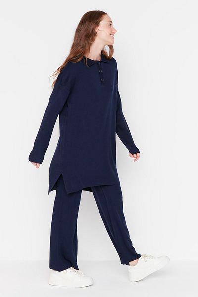 Trendyol Modest Sötétkék polo gallér tunika-nadrág kötöttáru szett TCTAW22US0076
