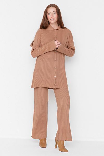 Trendyol Modest Camel Knitwear Cardigan and Trousers Set - Slit Detail Tctaw23Us00028
