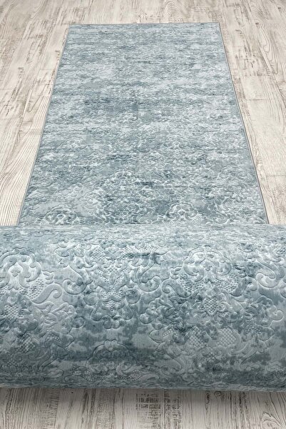 ELVİRAHOME Emboss Sultanate Blue All-Season Washable Non-Slip Base Cut Runner