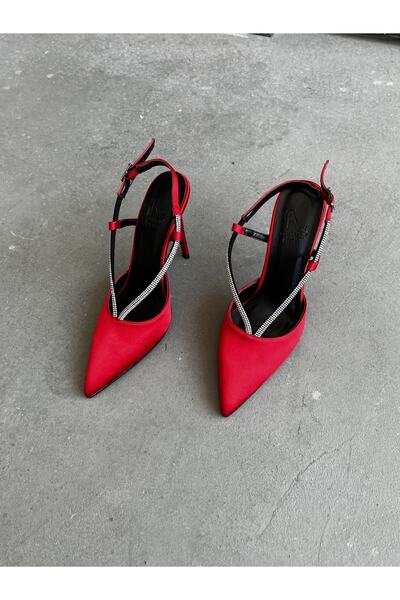 AYAKKABI PRENSİ Merlot cu pietre aplicate Roșu Satinat 10 Cm Pantofi Stiletto...