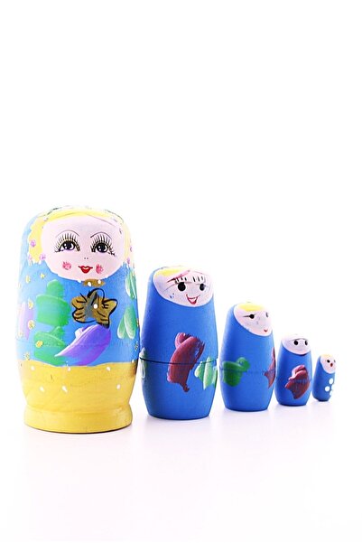 BiTon Toptan Matruşka Ahşap Tombul Iç Içe Matruşka Bebek Mavi Set 5li Büyük Boy
