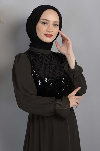 Modamihram Flitrované šifonové večerní šaty Khaki