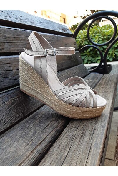 gumushoe Women's Mink Handmade Genuine Leather Straw Wedge Heel Sandals 4389