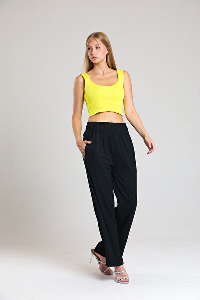 TarzOlur Μαύρο ντραπέ με ελαστική μέση και τσέπες με φαρδιά πόδια