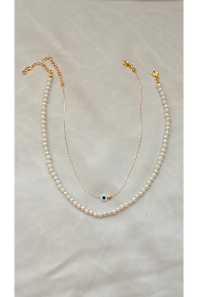 Lal Kobra Zincir Yonca Nazar Boncuklu Ve Incili Ikili Kombin Kolye