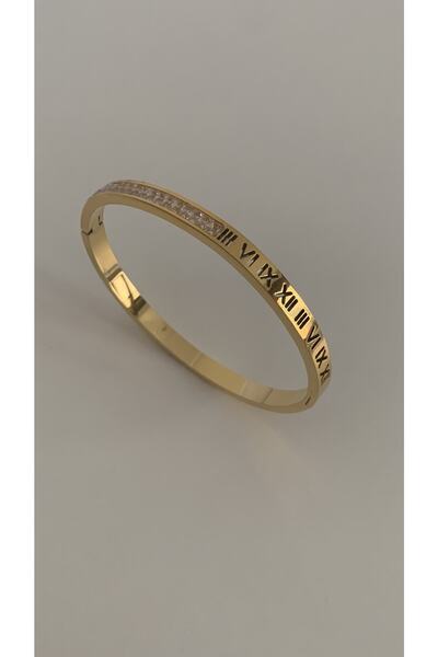 Opia JEWELRY - Gold Color Steel Handcuff Bracelet with Zircon and Roman Numer...