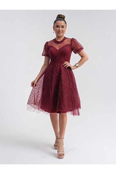 giyimmasalı Φόρεμα μεσαίου μήκους από ύφασμα τούλι με σχέδιο αστεριών - μπορντό