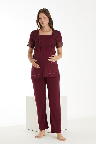 Miss Dünya Lissa Claret Red Lace Detailed Maternity and Maternity Pajamas Set