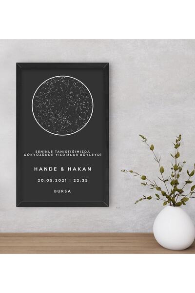 Bk Gift Gift Kişiye Özel Gökyüzü Yıldız Haritası Ahşap Siyah Çerçeveli Tablo 40x25cm