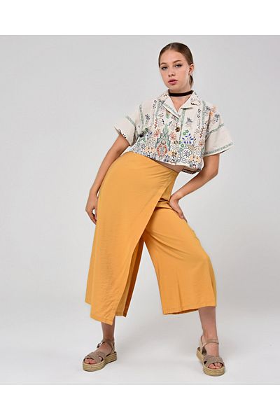 sehatex Mustard Colored Wide Leg Midi Skirt with Elastic Waist