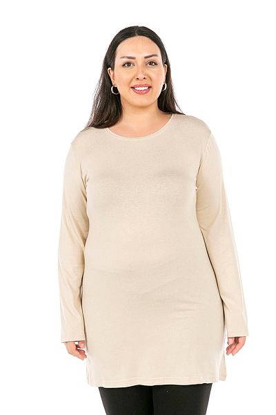 DISENTIS MODEST Plus Size Round Neck Long Sleeve Viscose Long Beige Body