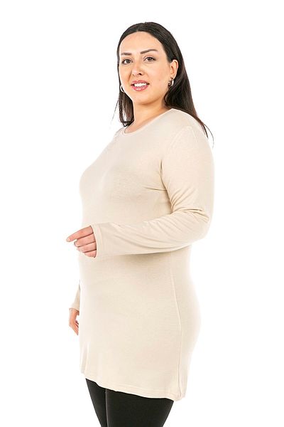 DISENTIS MODEST Plus Size Round Neck Long Sleeve Viscose Long Beige Body