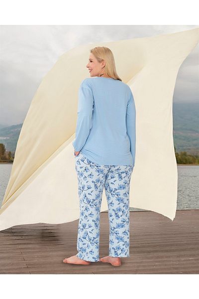 Doreanse Set de pijamale de tricou cu mânecă lungă, cu imprimeu cu flori, cu imprimeu cu litere albastre, pentru femei