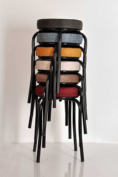 AKK TİCARET 6 Adet Desenli Renkli Kumaş Nikelajlı Demir Tabure Mutfak Taburesi