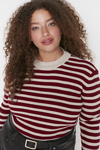 Trendyol Curve Klaret červený pruhovaný svetr se šňůrou body Wrap Tbbaw23An00019