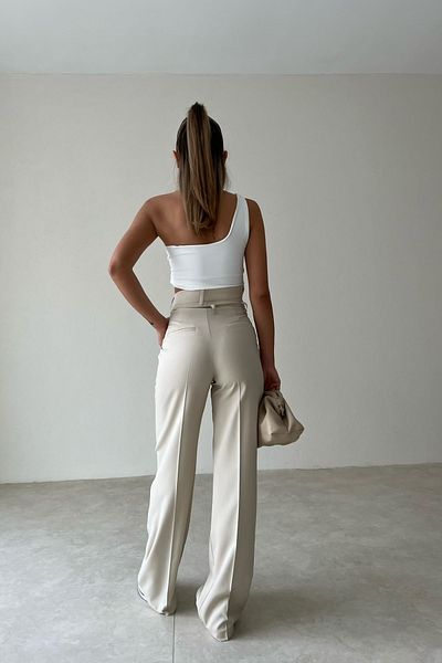 lovebox Cream Colored Atlas Fabric - Waist Detailed Wide Leg Palazzo Trousers 056