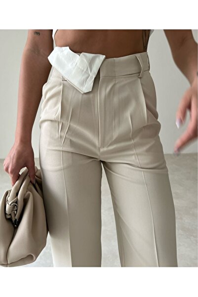 lovebox Țesătură Atlas de culoare crem - Pantaloni Palazzo cu picioare largi, cu detaliu în talie 056