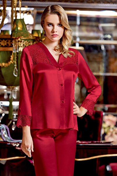 Jeremi Kadın Bordo Ipek Saten Dantelli Uzun Altılı Set Takım