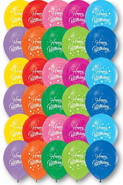 Huzur Party Store Happy Birthday 10 Pieces Balloon 30 Cm Stars and Polka Dots Detail Printing Mixed Color Birthday Party