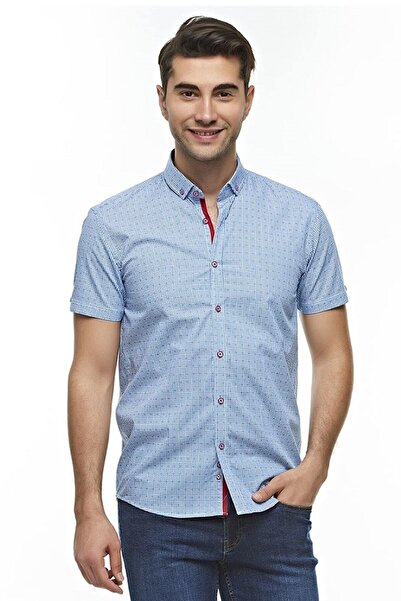 Ottomoda Erkek Mavi Desenli Kısa Kollu %100 Pamuklu Gömlek, Ot-c-20188