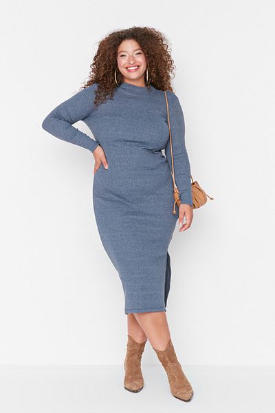 Trendyol Curve Πλεκτό φόρεμα Indigo Midi Slit TBBAW23AH00017