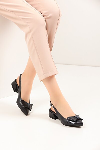 FORS SHOES Navy Blue Leather Bow Open Back Women's Heeled Shoes 3.5 Cm