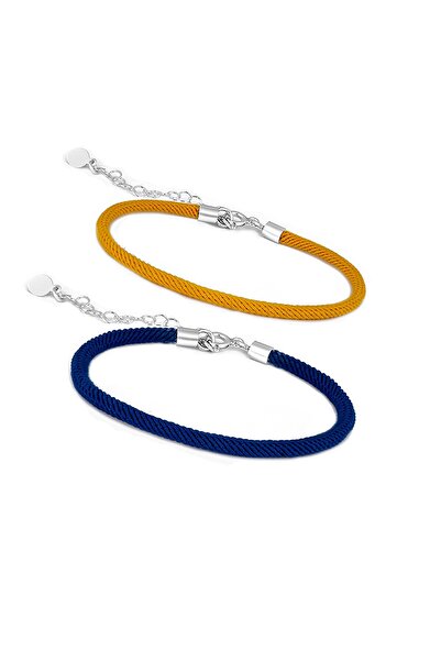 Huarz Sarı Lacivert Örme Ip Gümüş Bileklik