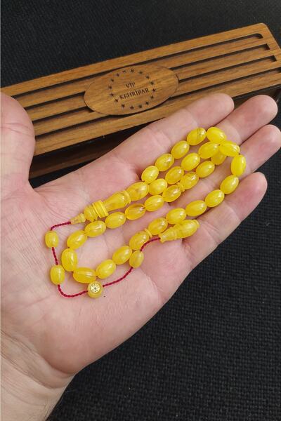 Vip Kehribar 8x11 Mm Mesut Elma Usta Işçilikli Sarı Sıkma Kehribar Tesbih Imzalı Sistemli Tespih Ahşap Kutulu