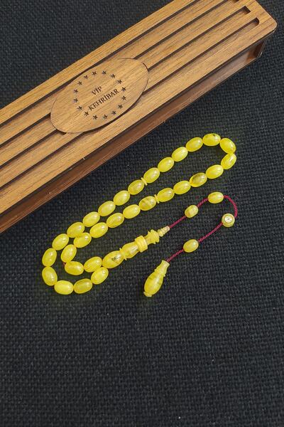 Vip Kehribar 8x11 Mm Mesut Elma Usta Işçilikli Sarı Sıkma Kehribar Tesbih Imzalı Sistemli Tespih Ahşap Kutulu