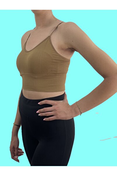 MİSTİRİK Sierra Ince Ip Askılı Spor Büstiyer Örme Fitilli Crop Bluz Camel Renk