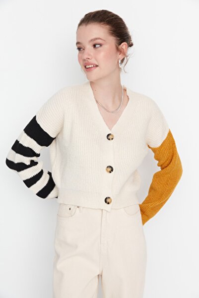 Trendyol Collection Ecru Color Block Button Detailed Knitwear Cardigan