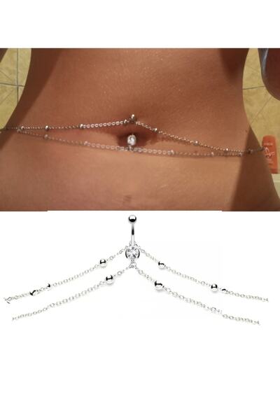 TakıConcept Iki Şerit Vücut Zincirli Çelik Göbek Piercing