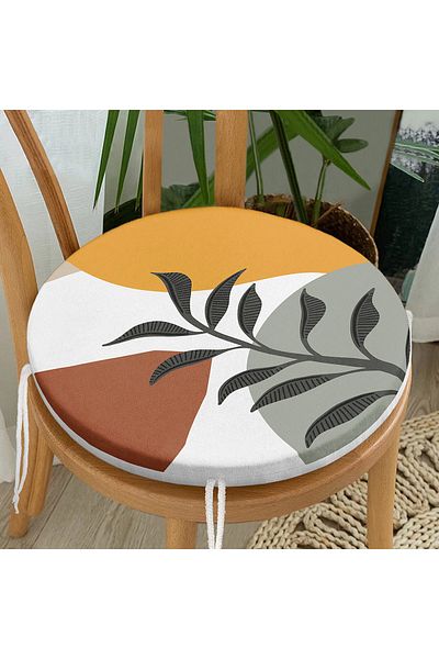 Realhomes Digital Printed Round Zippered Chair Cushion with Colorful Background and Onedraw Drawing Leaf Pattern
