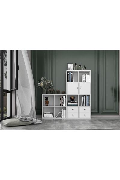 Nettrends 2 Kapakli Çekmeceli Rafli Basamakli Kitaplik 130 Cm Beyaz Ktp-1243-ç