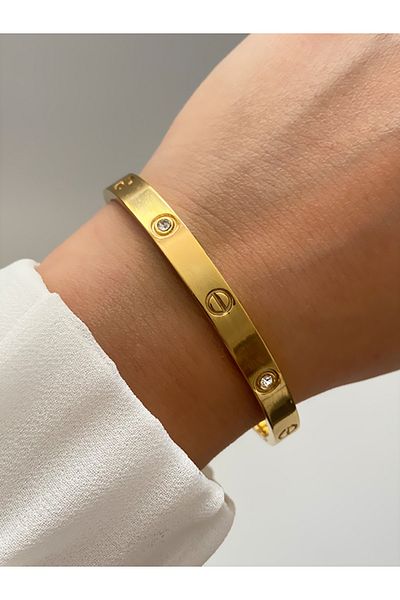 olenka Stainless Gold Color Steel Bracelet - Thick Stone Handcuffs, Women's 316L