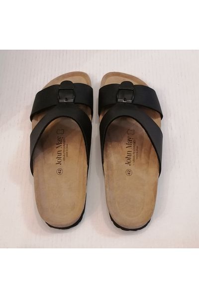 John May Unisex Faux Leather Black Double Banded Buckle Genuine Leather Orthopedic Sole Pad Cork Eva Sole Slippers